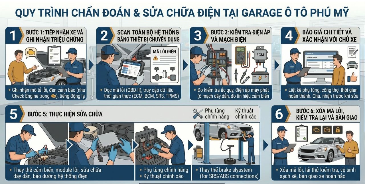 Quy Trình Chẩn Đoán & Sửa Chữa Điện Tại Garage Ô Tô Phú Mỹ
